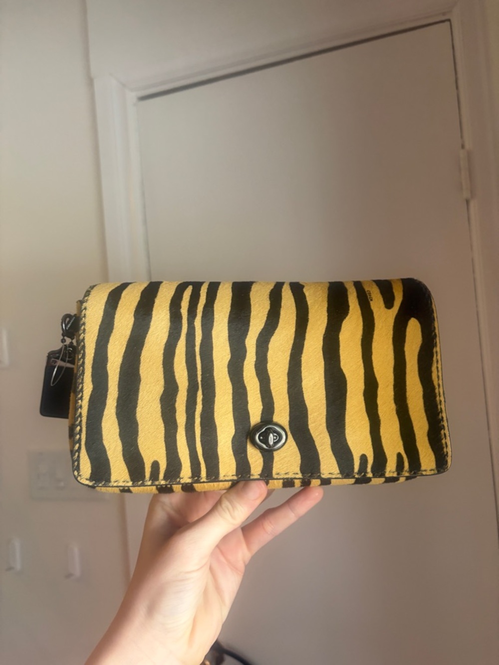 Coach Haircalf Dinky Animal-Print Shoulder Bag in Black and Tan